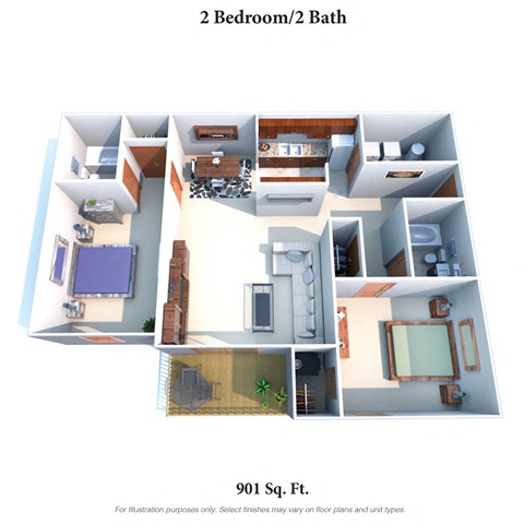 Floor plan for 2 beds, 2 baths, 945 sqft